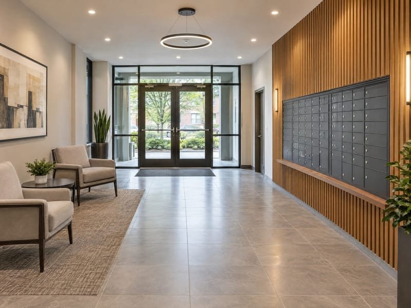 Renovated apartment building lobby and mailroom with tile floor and a wood slat accent wall