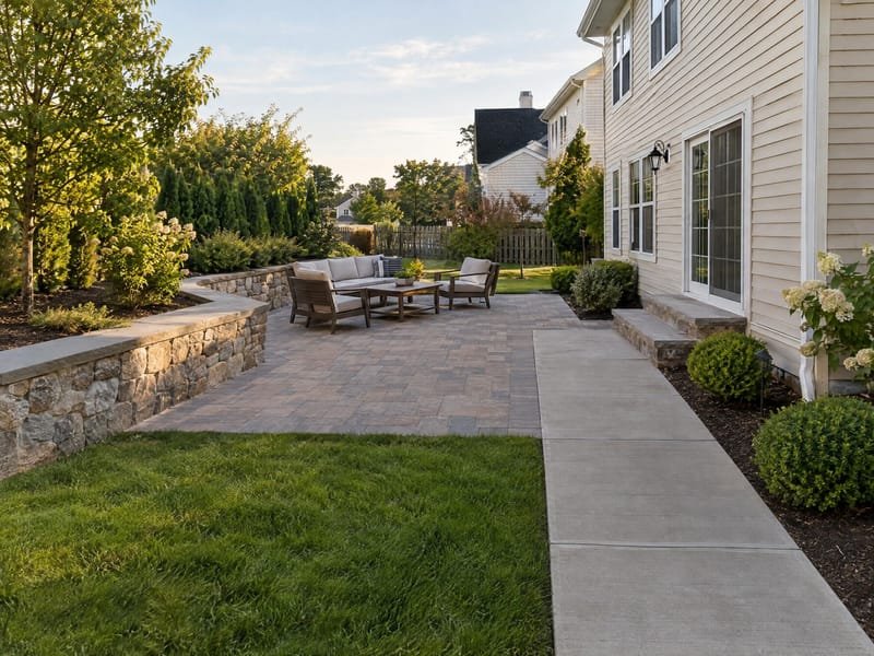 Backyard paver patio and concrete walkway with a low natural stone wall