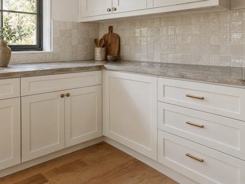 Close-up of white shaker cabinetry meeting a stone countertop and handmade tile backsplash