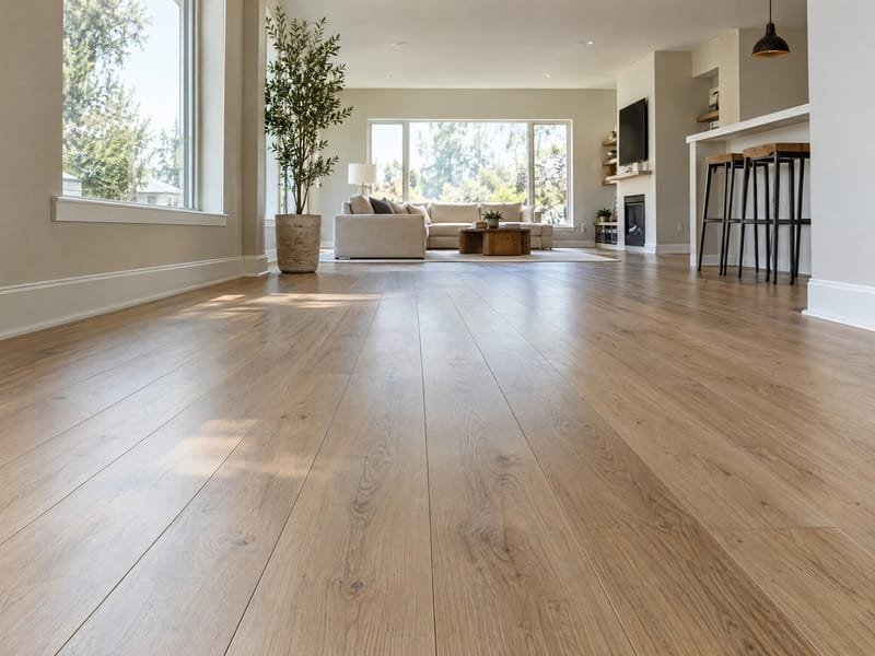 Newly installed wide oak-look plank flooring across an open living area