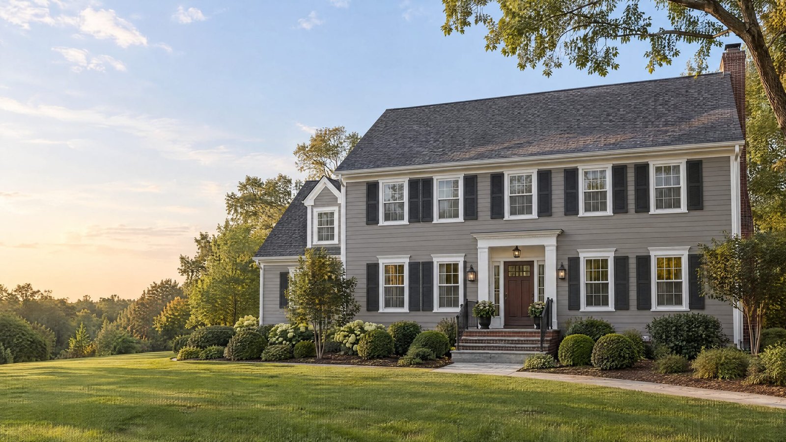Renovated two-story suburban home with gray lap siding, a charcoal shingle roof and new masonry entry steps