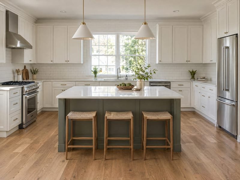Renovated kitchen with white shaker cabinets, a gray-green island, quartz counters and pendant lights