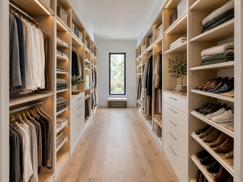 Custom walk-in closet with white and oak built-ins, hanging sections, shelves and drawers