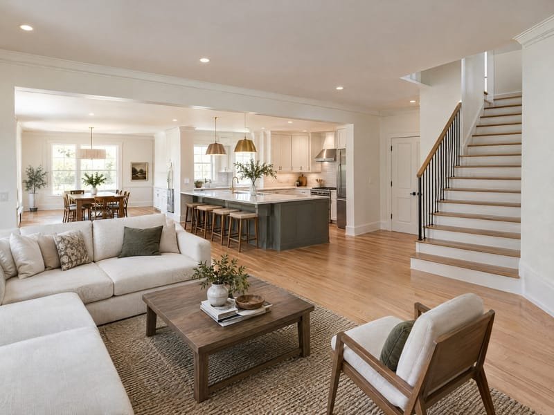 Open-plan renovated first floor connecting living, dining and kitchen areas with consistent oak flooring